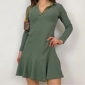 Ralph Lauren Long sleeve stretchy waffle knit olive green mini dress buttoned XL